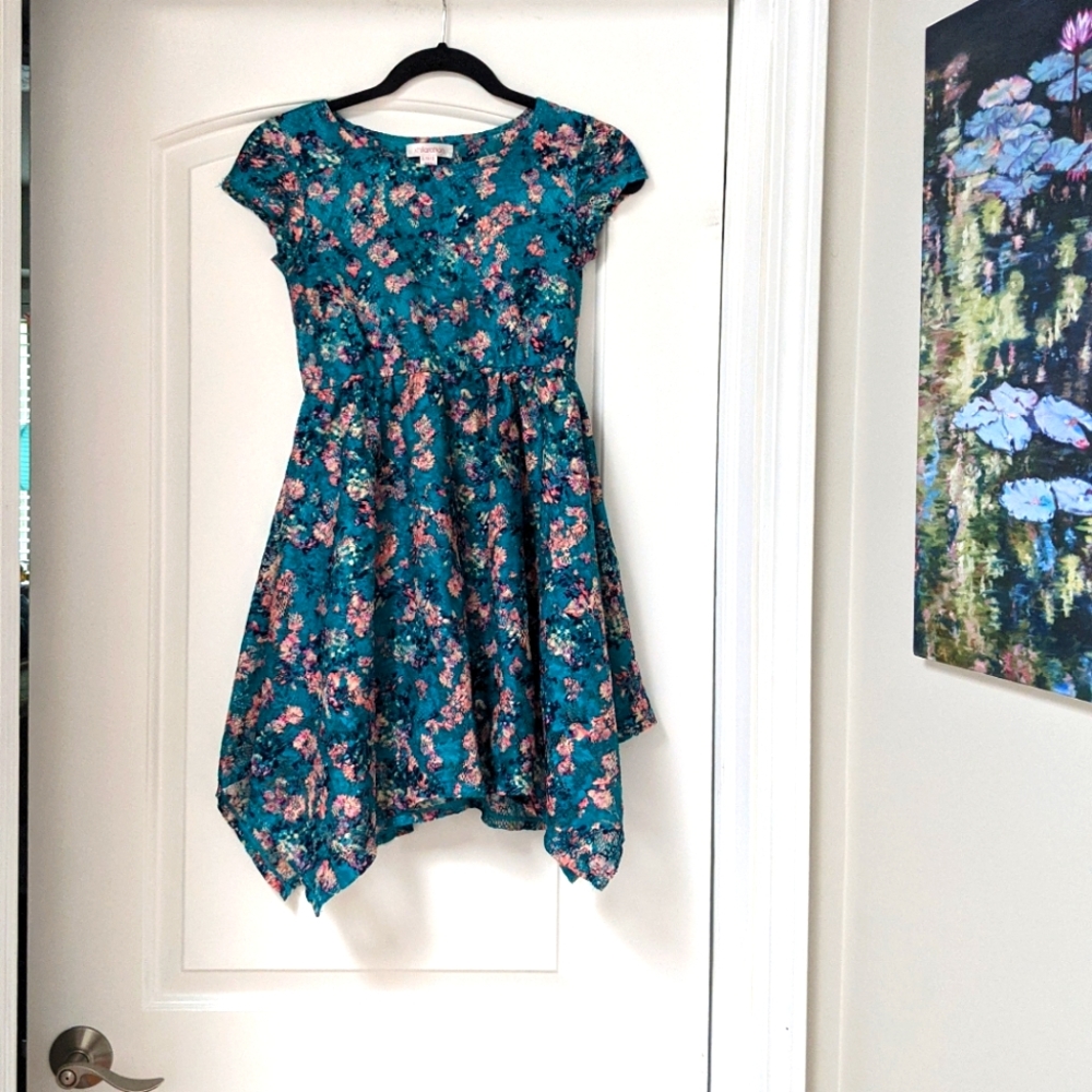 Beautiful Turquoise and Pink Flower Print Lacy Girls Dress